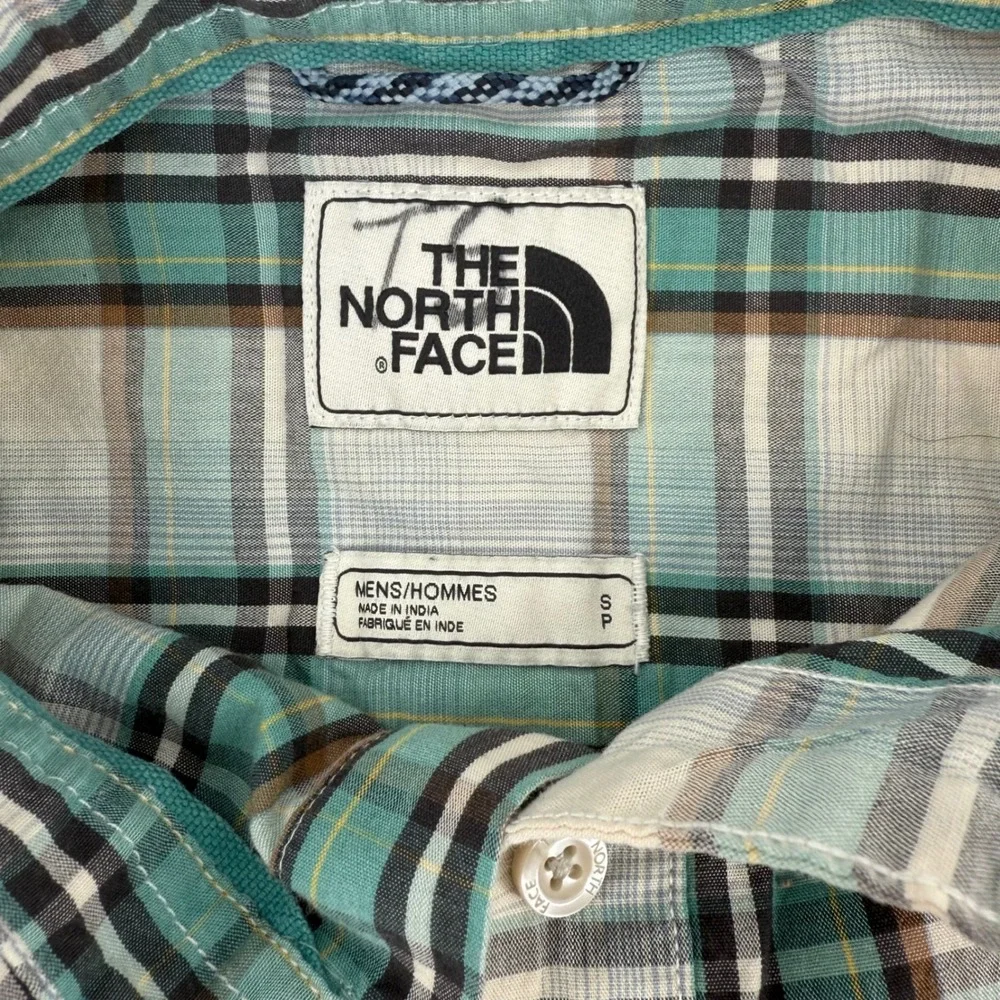 The North‎ Face Plaid Short Sleeve Button Up Shirt Mens Small Green Tan Black
